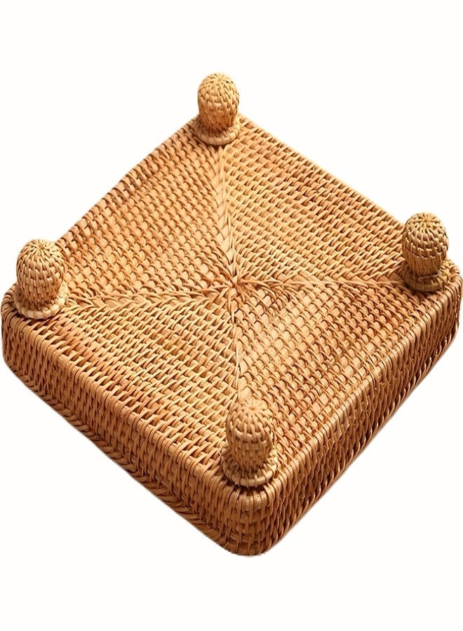i-lan 9" Square Rattan Decorative Riser for Display,Small Items Serving Basket Vanity Tray - Square Woven Bread, Fruit, Keys Bowl Pedestal Stand,Flat Wicker Decorative Snack Trays for Candy Dish - Image 4
